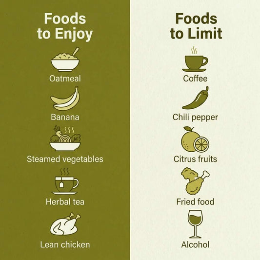 Infographic showing foods to eat and foods to avoid on an H. pylori diet
