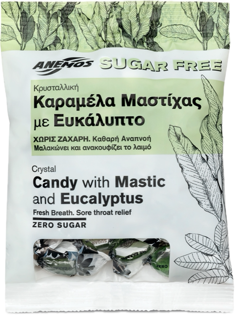 Anemos crystal candy with mastic and eucalyptus packaging on a white background