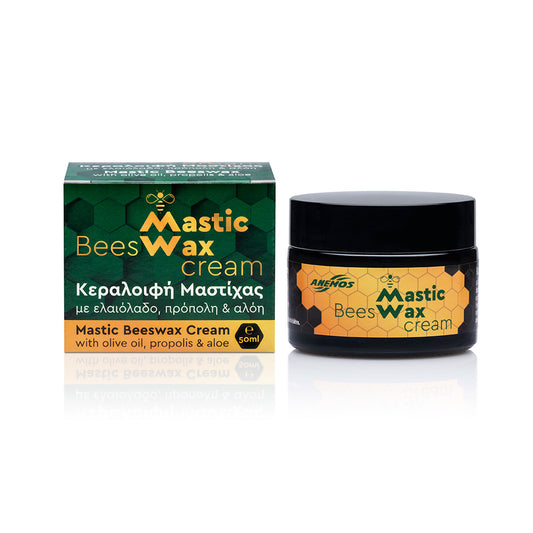 Mastic beeswax balm with organic olive oil in a 50 ml glass jar.