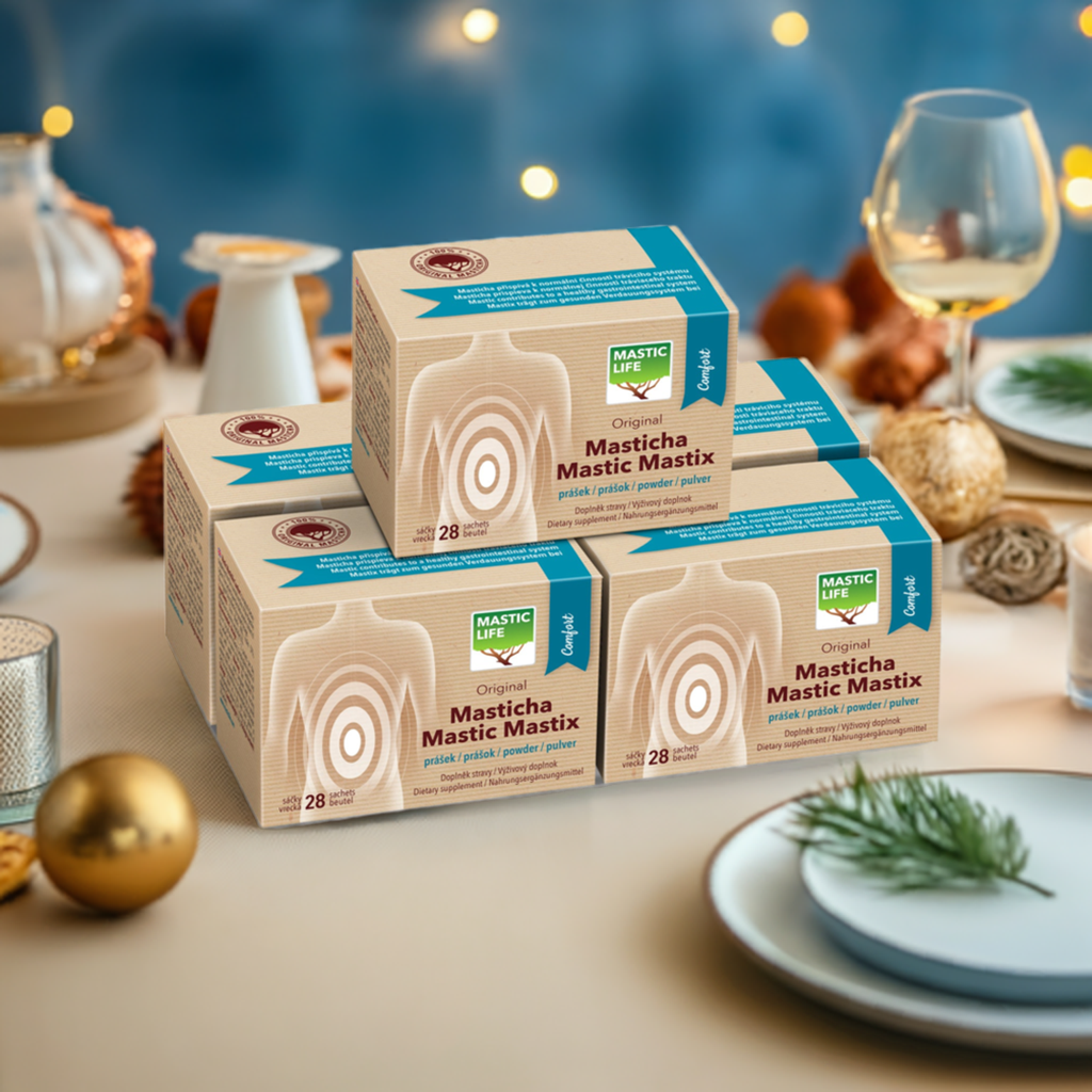 Boxes of Mastic Mastix on a festive table with decorations