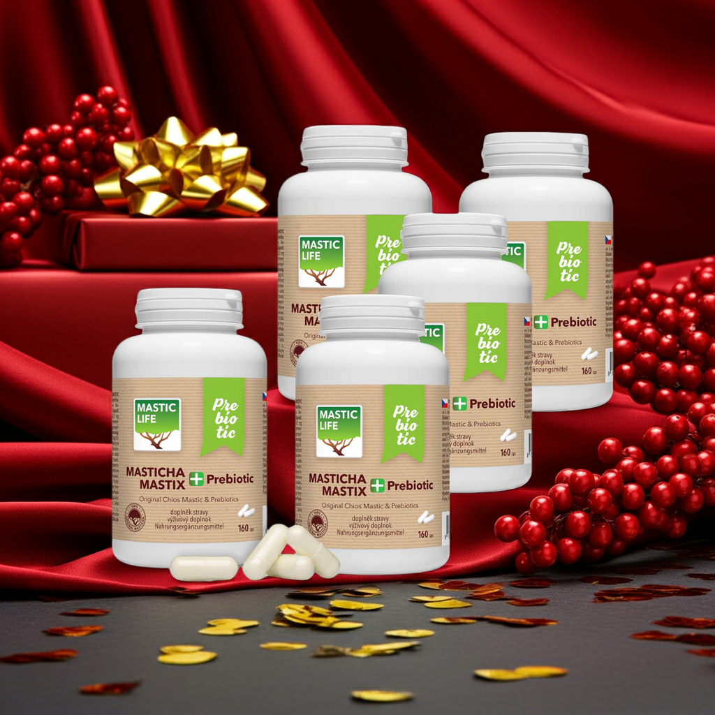 Masticlife Mastic+ Prebiotic supplement bottles on a red fabric background with decorative elements.