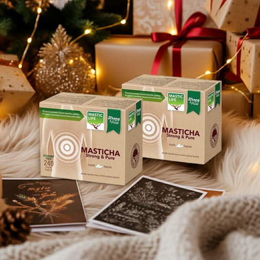 Two boxes of Mastic with Christmas decorations in the background